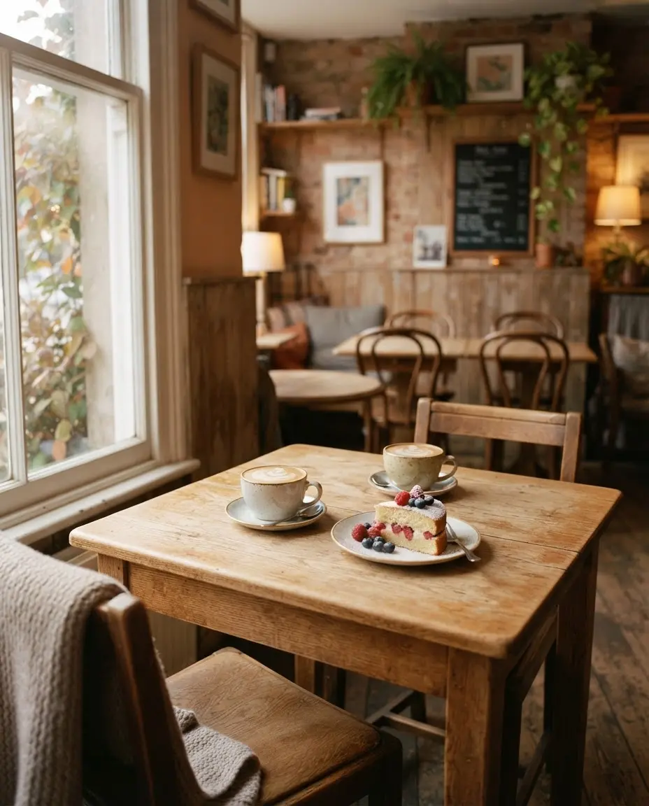 Ein gedeckter Holztisch mit zwei Tassen Kaffee und Kuchen am Fenster