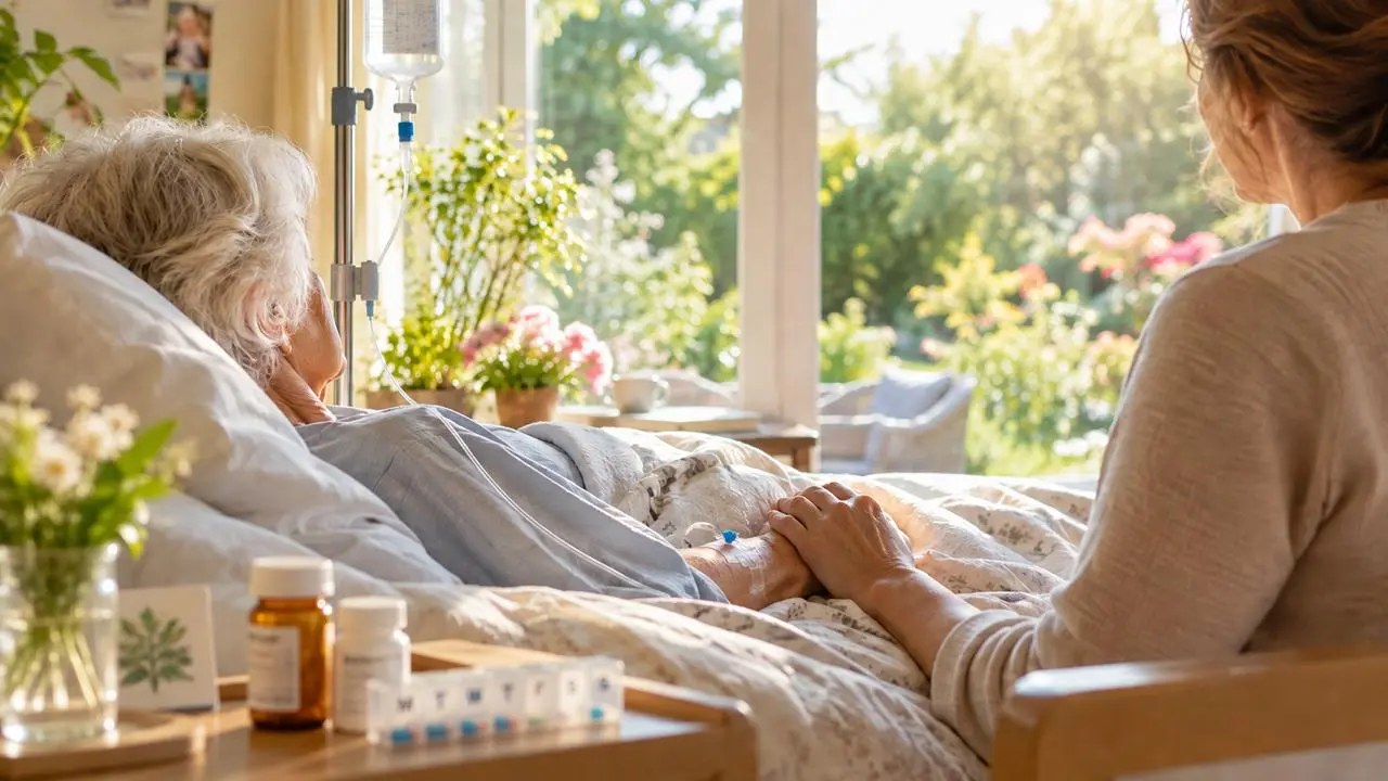 Eine Begleiterin hält die Hand einer älteren Frau im Pflegebett, mit Blick in einen sonnigen Garten
